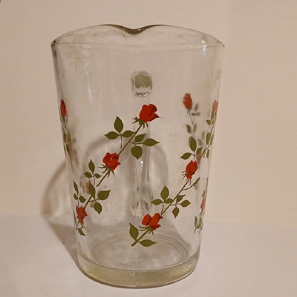 Vintage Mcm Glass Pitcher with Red Floral Design Barware Anchor Hocking